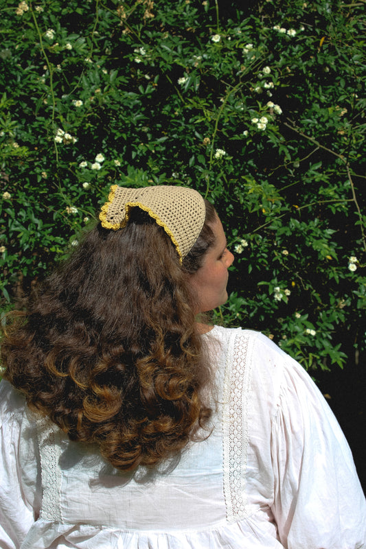 Beige with yellow trim handmade crochet hair scarf