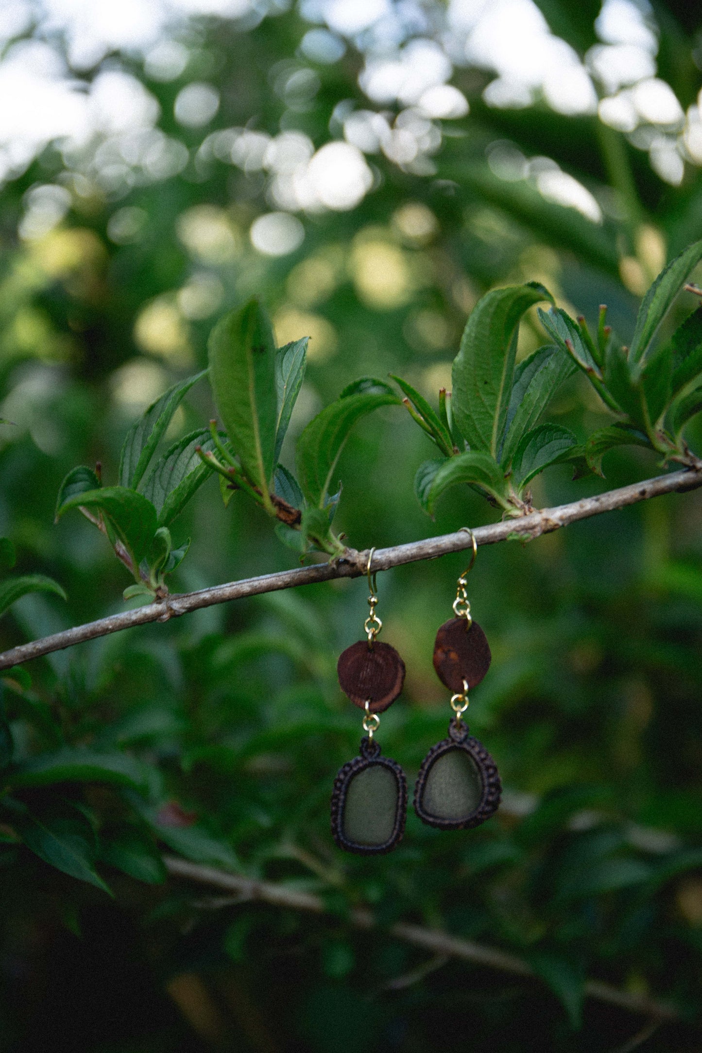 Gold plated sea glass and eucalyptus earrings