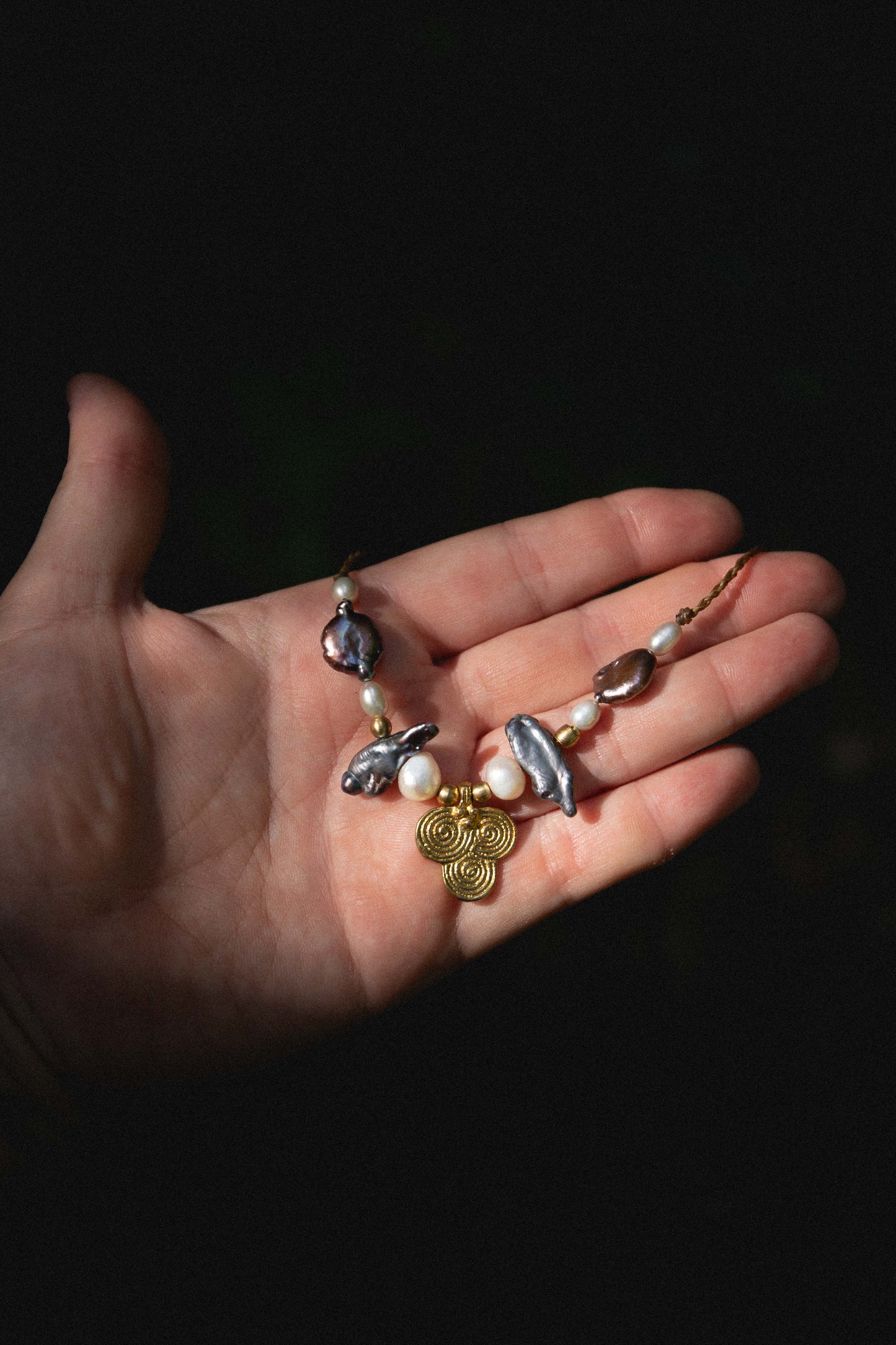 Iridescent Baroque and Freshwater Pearl Necklace with Brass Dangle