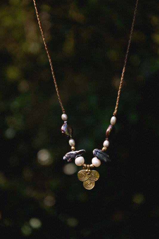 Iridescent Baroque and Freshwater Pearl Necklace with Brass Dangle