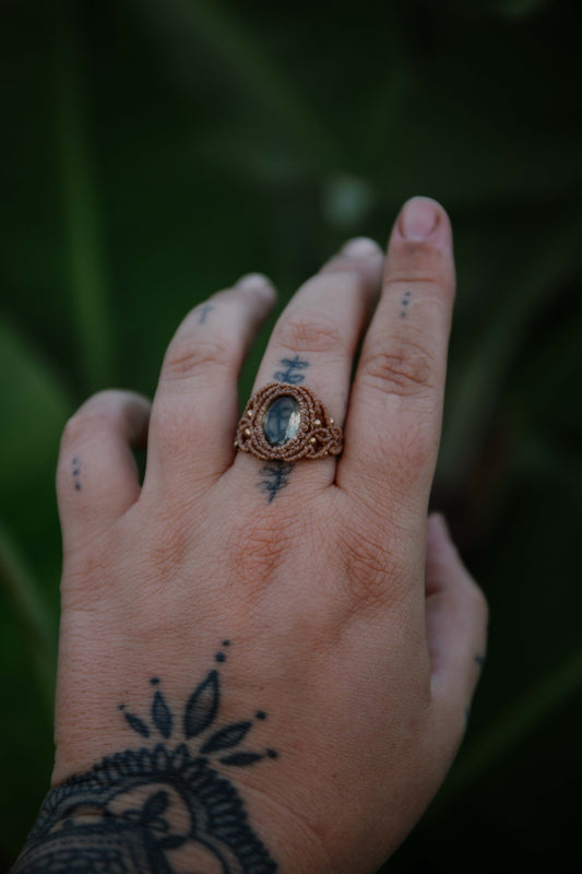 Faceted prasiolite macrame ring