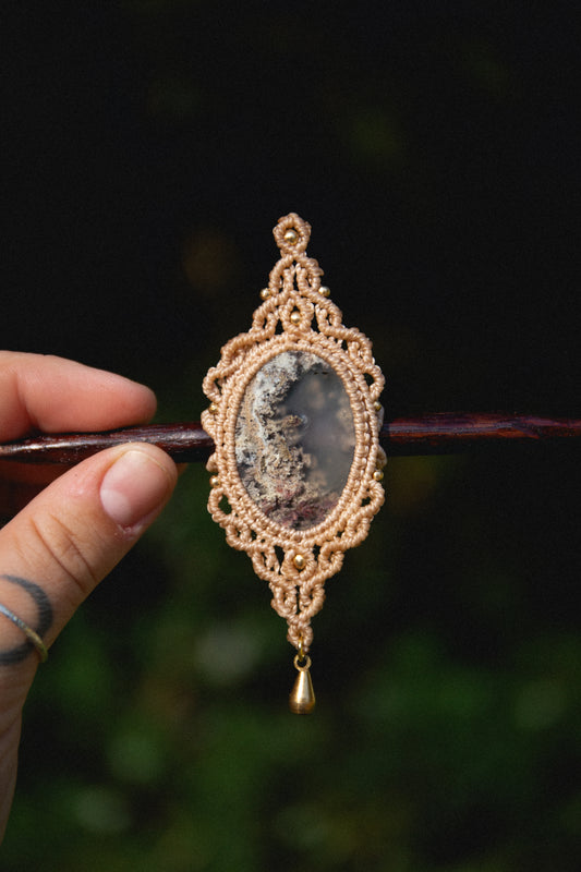 Moss agate macrame hair pin